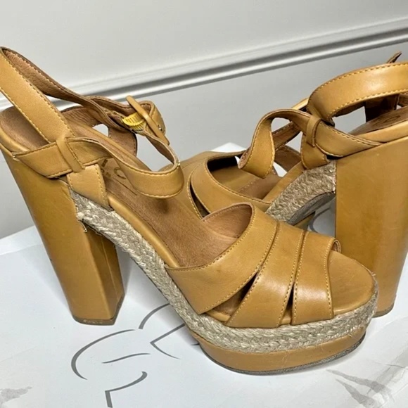 OFFICE LONDON REAL LEATHER HEEL PLATFORM SANDALS SIZE 7 TAN/MUSTARD EXC CONDITON - Picture 3 of 7
